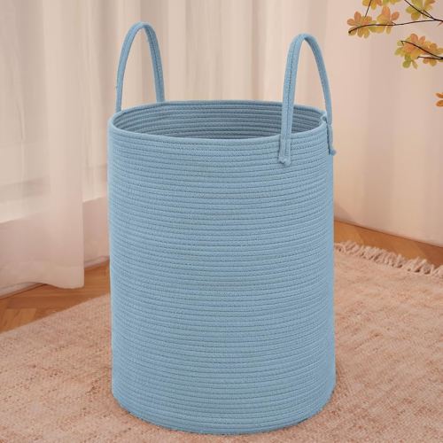 Large Woven Laundry Basket Hamper,80L Cotton Rope Storage Bin for Blankets,Toys and Clothes,Decorative Tall Nursery Hamper for Living Room,Baby Nursery,Bathroom and Bedroom,Blue