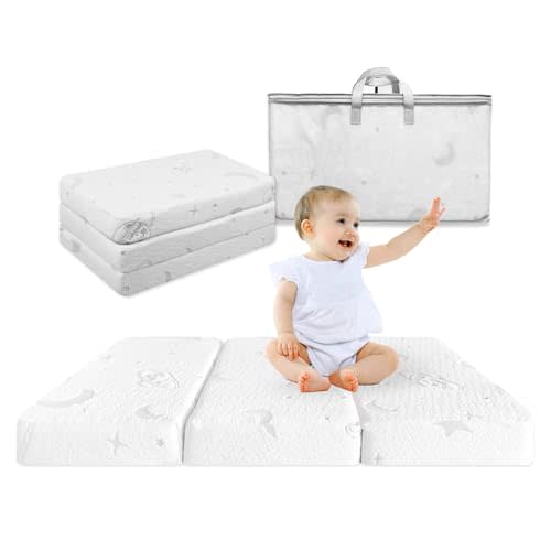 Tri-fold Pack and Play Mattress, 38x26 Dual Foam Washable Zip Cover | Memory foam for comfort, high-density for support. Breathable, washable cover. Folds with bag, fits 38"x26"