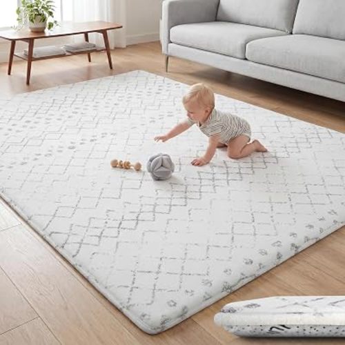Huloo Sleep Baby Play Mat for Floor - 79x158 Inches 1.3" Thick Elasti-Foam Playpen Mat for Toddlers Infant Kids, Water-Repellent Nursery Rug, Non-Slip Backing for Crawling & Tummy Time, Grey Diamond