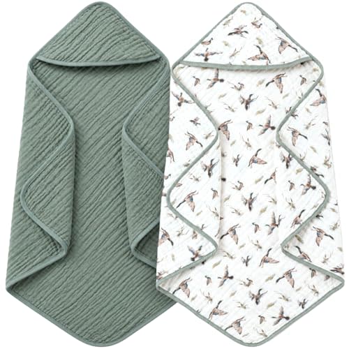 Gilprop 2 Pack Mallard Duck Baby Hooded Towels for Newborn Muslin Cotton | Duck Hunting Neutral Baby Bath Towel for Babies Infant Toddler and Kids, 32x32inch, Soft and Absorbent Kids Gift