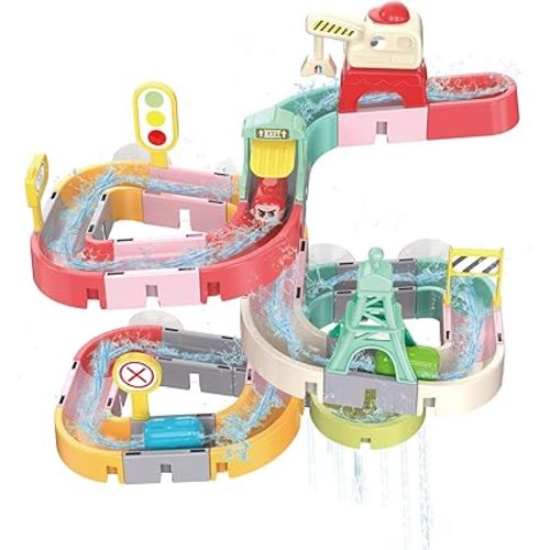 Nilez Toddler Bath Toys Slide Track DIY Assemble Educational Interactive Suction Bathtub Toy for Kids Over 18 Months, 1-3 Year Old Boy Girl Baby, City Traffic Bath Tub Toy Fun, 47 Pcs