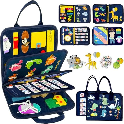 Toddler Busy Board Montessori Toys – Sensory Busy Book, Educational Learning Travel Toy for Airplane & Car, Keeps Toddlers Entertained, Birthday Gifts for Toddler Boys Girls (Blue/P8)