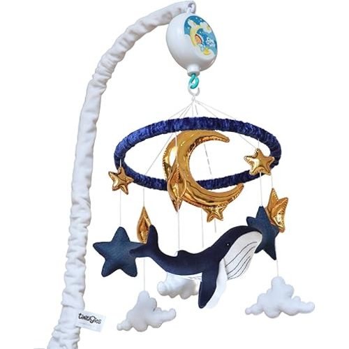 TINITIGIES Ocean Whale Baby Mobile for Crib - Musical Nursery Mobile with 3 Modes of Rotation & 12 Piano Lullabies - Ocean Baby Nautical Nursery Decor