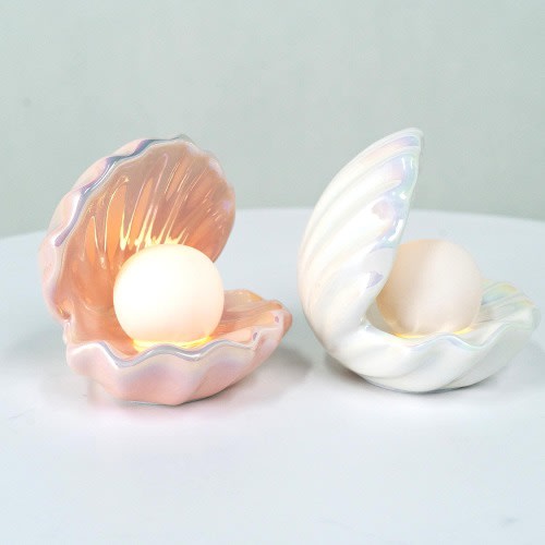 lluminated Pearl in Ceramic Shell, White LED Desktop Night Light, Thoughtful Gift for Her, Minimalist Pearl Shell Lamp