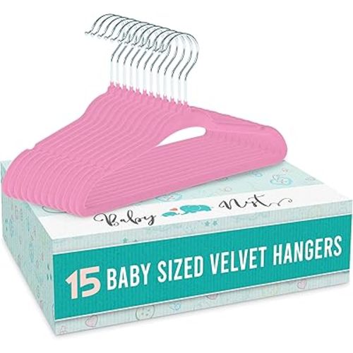 Baby Nest Designs Kids Plastic Velvet Hangers for Closet, Children Non-Slip Hangers Dividers for Nursery Closet Organizer, Pink - Pack of 15