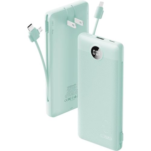 VRURC Portable Charger Built-in Cables and AC Wall Plug, USB C Power Bank 10000mAh, Travel Battery Portable Phone Charger Compact Lightweight External Battery Pack for Smart Phones, Tablets etc-Green