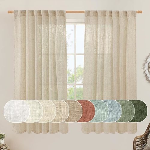 Natural Linen Blended Curtains 63 Inch for Bedroom, Light Filtering Semi Sheer Burlap Curtains Farmhouse Boho Back Tab and Rod Pocket Drapes for Dining Room, 2 Panels (52 x 63 Inch, Linen)