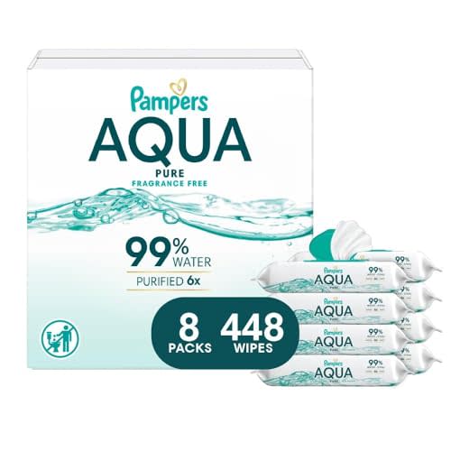 Pampers Aqua Pure Baby Wipes, 99% Water, Fragrance Free, 448 Baby Wipes Total (8X Flip-Top Packs) [Packaging May Vary]