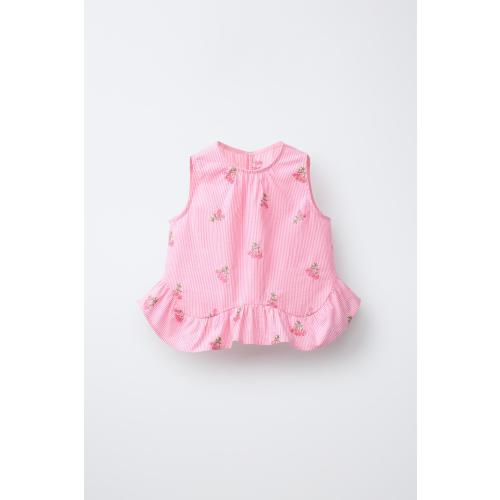 EMBROIDERED FLORAL STRIPED TOP - Pink | ZARA United States
