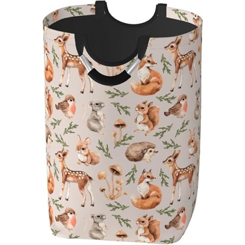 Forest Little Animals Laundry Hamper Deer Squirrel Fox Hedgehog Bird Storage Basket Toys Clothes Organizer Bin For Home Bathroom Bedroom Dorm Nursery, 52l