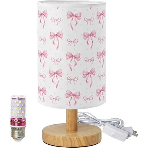 Pink Bow Kids Table Lamp for Bedroom 3 Color Dimmable Bedside Reading Night Light Cute Cozy Nightstand Lamp with Wood Base Polyester Lampshade Bow Decor for Girls Room Dorm Living Room (Pink Bow)