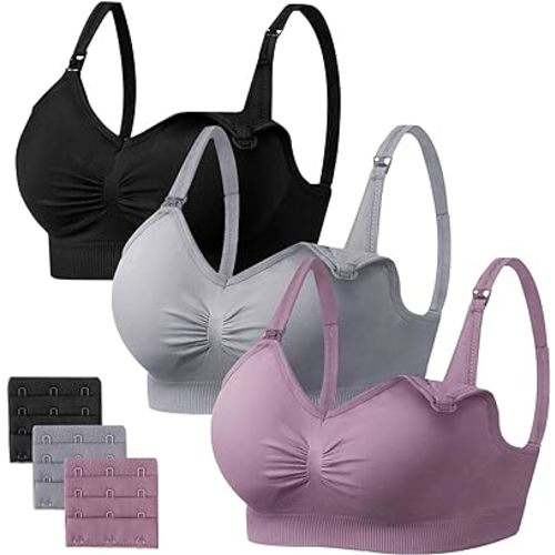 Angelhood Womens Seamless Sleep Nursing Bra,Breastfeeding Maternity Bra with Remove Bra Pads Extenders Pack of 3
