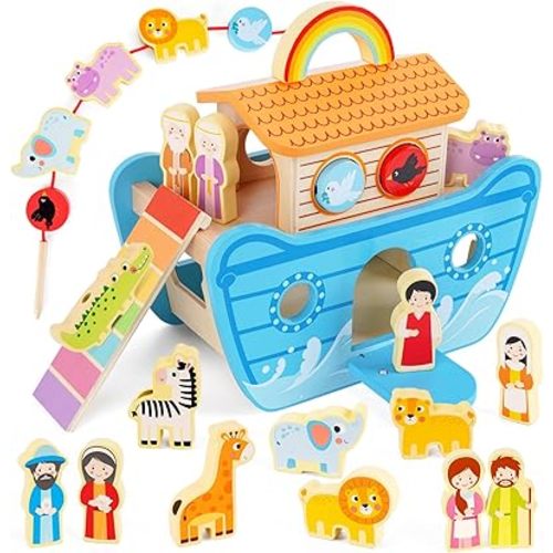 Wooden Noahs Ark Toy Animal Playset, Baptism Gifts for 2 3 4 Years Old Boys Girl, Lacing Beads, Shape Sorter, Montessori Noah's Ark Toys with Bible Story Book for 24 Months Kids