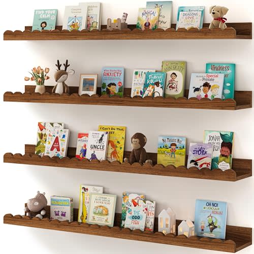 Shario Nursery Book Shelves, 4-Pack White Floating Shelves for Wall Kids, Scalloped Shelves, Wall Book Shelves for Bedroom Kids, Toddler Room, Baby Room, Nursery Decor (Walnut Brown, 36 Inches)