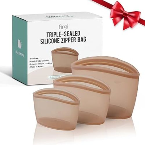Reusable Silicone Food Storage Bags, 3-Pack Variety Set (2, 3.5, 6 Cups), Made in Korea BPA-Free Silicone, Triple-Airtight Freezer Bags, Microwave Safe, Sous Vide, Zip Lock Pouch, Brown