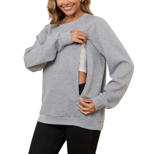 DEBELLY Nursing Friendly Sweatshirt for Breastfeeding Women Dual Zippers Nursing Top Long Sleeve Crew Neck Casual Wear
