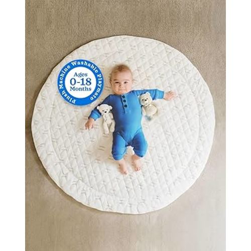 Quilted Soft Padded Baby Play Mat – 43" Round Foldable & Portable Infant Floor Mat – Machine Washable Tummy Time Mat for Crawling, Playroom or Nursery – Beige Cushioned Activity Pad for Newborns