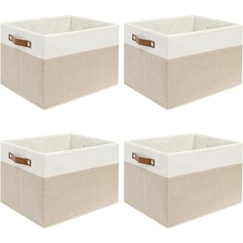 4 Pack Large Fabric Storage Baskets for Shelves , Closet Storage Bins for Shelves, Fabric Baskets for Organizing with Handles for Home and Office (White with Beige,15" L*10.2" W*9" H)