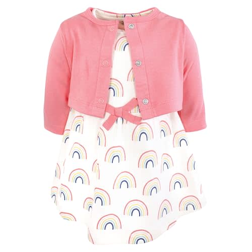 Touched by Nature Infant Toddler Girls Organic Cotton Dress and Cardigan, Rainbows Sunshine