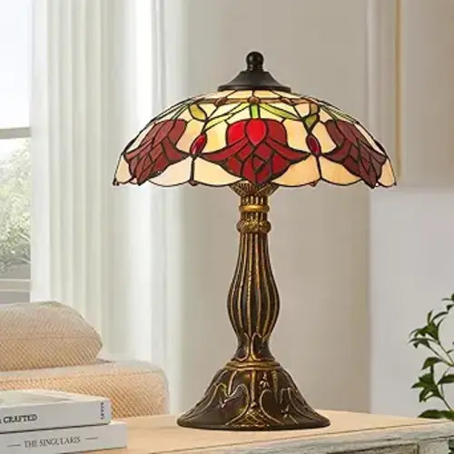 Tiffany Style Table Lamp, Vintage Style Desk Lamp with Stained Glass Shade, Mid Century Modern Bedside Nightstand Decorative Lamps Unique Accent Light for Bedroom Living Room ect