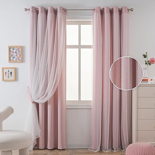 MYSKY HOME Pink Curtains for Girls Bedroom & Nursery Kids Blackout Cute Curtains Double Layer with Polka Dots Sheer, Grommet Tops, 52x84 Inch, 2 Panels