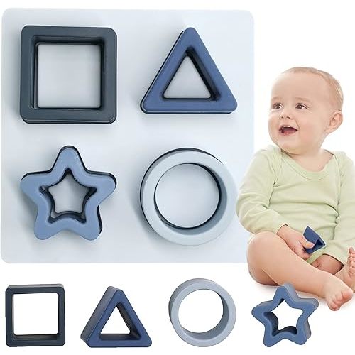 Baby Stacking Building Blocks Silicone Teething&Squeezing Shape Sorter Puzzle Montessori Sensory Toys for Babies Toddlers 6 to 12 Months(Blue)