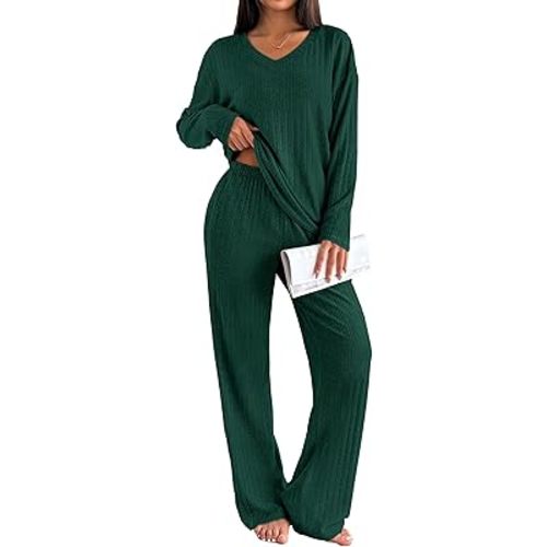 Ekouaer Lounge Sets for Women Long Sleeve Knit Ribbed Pajama Sets 2 Piece Casual Loungewear with Pockets