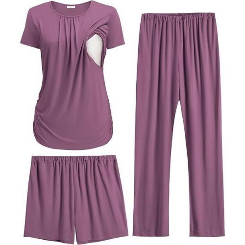 Ekouaer Maternity Nursing Pajamas Set 3 Piece Postpartum Lounge Breastfeeding Pjs Pregnancy Shorts & Pants Purple Red XL