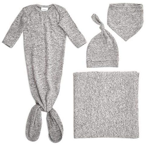 aden + anais Snuggle Knit Newborn Gift Set with Knotted Baby Gown, Swaddle Blanket, Infant Hat, and Bandana Bib, 0-3 Months, Heather Grey