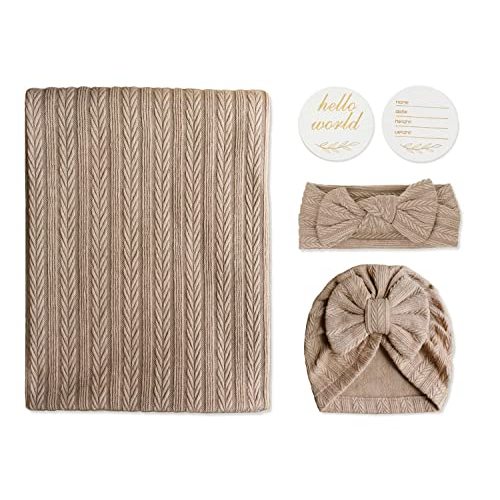 Golener Baby Swaddle Blankets for Boys&Girls, Newborn Swaddle Set with Matching Hat and Headband Bow with Wooden Birth Announcement Card, Simulate The Living Environment in The Mother's Womb(Brown)