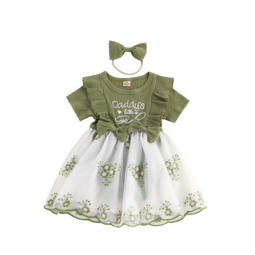 Newborn Girl Outfit, Short Sleeve Crew Neck Bow Flower A-line Romper Dress with Headband Clothes
