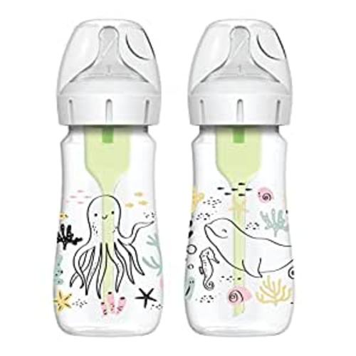 Dr. Brown’s Natural Flow® Anti-Colic Options+™ Wide-Neck Baby Bottle Designer Edition Bottles, Ocean Decos, 9 oz/270 mL, Level 1 Nipple, 2-Pack, 0m+