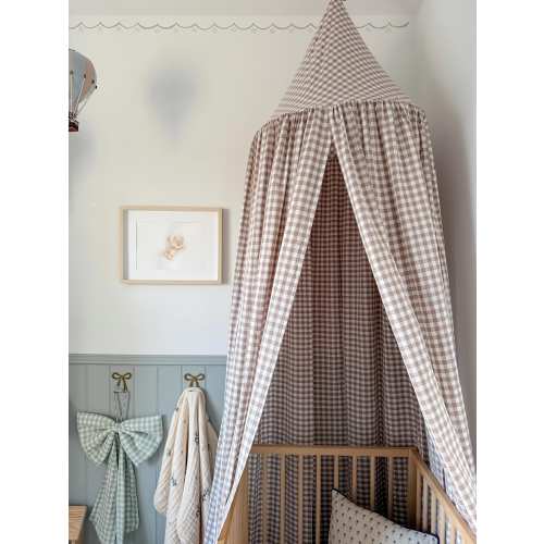 Gingham Bed Canopy: Beige Fawn Checkered Cotton Canopy - Playroom Decor