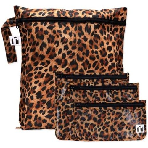 Bumkins Roamio- Waterproof Wet Bag & Clear Travel Bags - For Beach, Baby, Travel, Swim Suit, Cloth Diapers, Pump Parts, Pool, Gym, Toiletries - Reusable & Easy to Clean - Leopard - 4 Pack