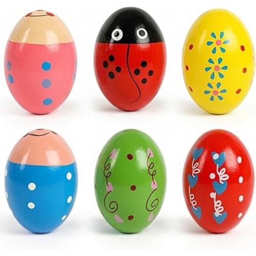 SallyFashion 6PCS Egg Shakers Musical Instruments for Babies, Wooden Maracas for Kids Hand Percussion Musical Eggs Easter Basket Stuffers Party Favors