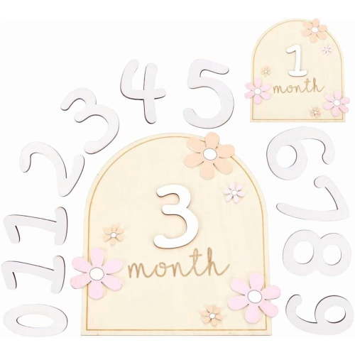 2 Set Flower Baby Monthly Milestone Card 6.3x6.3 Set of Baby Months Announcement Sign with 11 Interchangeable Number Baby Girl Boy Wooden Announcement Sign to Document Baby´s Growth