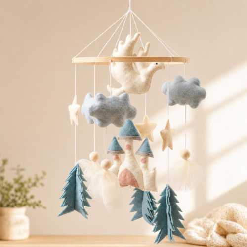 Felt Castle Dragon Crib Mobile, Blue Fairytale Baby Nursery Decor