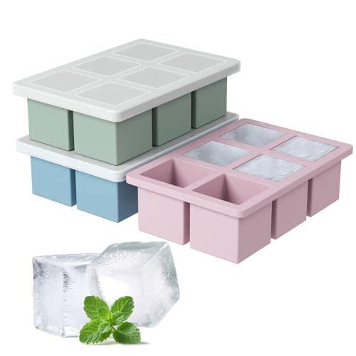 Large Silicone Ice Cube Tray 3Pack, SAWNZC Big Square Ice Cube Molds for Whisky Cocktail, Ice Maker Tray with Lid for Freezer, Easy Release (3, Blue+Green+Pink)
