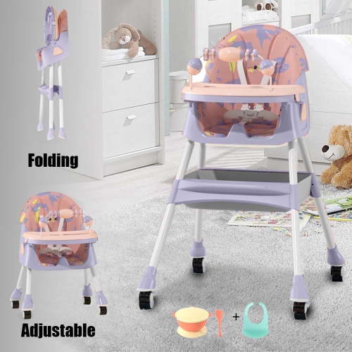 Liyufly 4-in-1 Baby High Chair Portable Toddler Baby Dining Chairs Eat & Play Convertible High Chair with Five-Point Snap Button, Dinner Plate and Toy Rack, Purple