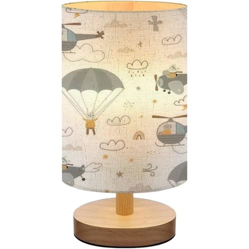 Bedside Lamp for Bedroom, Seamless pattern cute animals for transport helicopter parachute white Small Lamp, Linen Lampshade Table Lamp, Dimmable Nightstand Lamp with Woodbase for Living Room Office