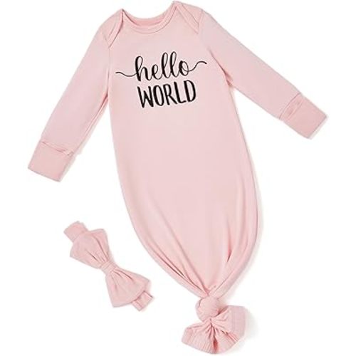 PATPAT Baby Sleeper Gown with Bamboo Viscose for Newborn Girls Boys, Knotted Nightgown with Mittens for Infant Home Coming