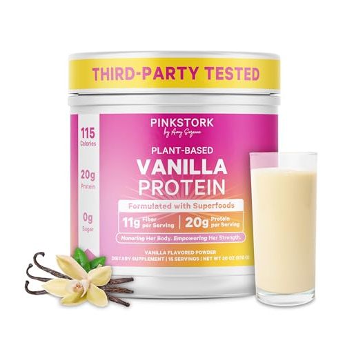 Pink Stork Protein Powder for Women, 20g Vanilla Plant-Based, 15 Scoops | 11g Fiber plus Electrolytes and Superfoods, Gluten Free, Dairy Free, Sugar Free, Pregnancy Friendly