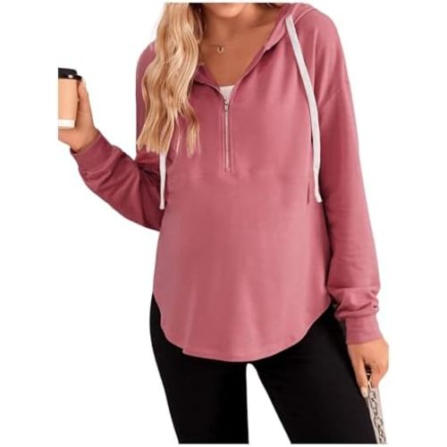Women's Maternity Half Zip Sweatshirts Long Sleeve Drop Shoulder Drawstring Hoodie