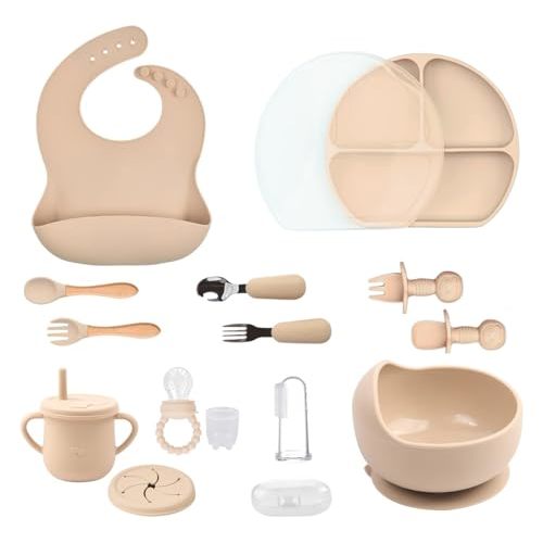 14 Pcs Silicone Baby Feeding Set -Silicone Bib - Feeding Supplies-Soft Self Eating Utensils - Baby Cup and Food Feeder - Food Grade Silicone BPA Free - Dishwasher Safe - Color (Beige)
