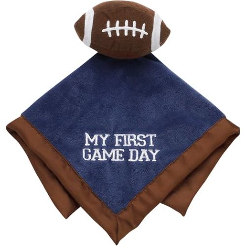 Plush 13 in. Snuggle Buddy Blanket with Rattle and Satin and Embbroidery, My First Game Day Football for Baby (Navy Blue and Brown)