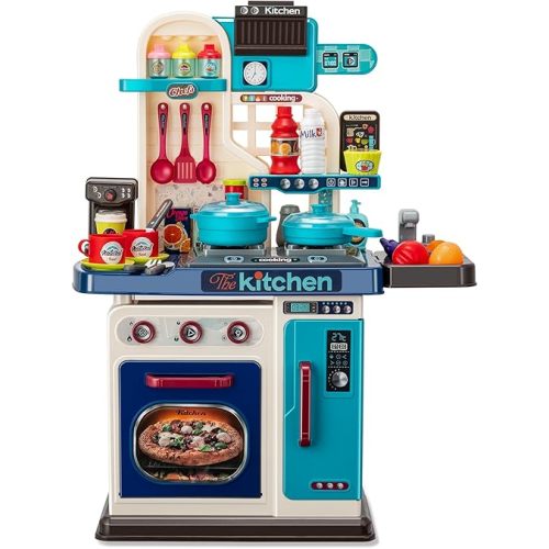 Kids Kitchen Playset-53pcs Cooking Stove,Paly Sink,Oven,Kitchen Toys with Realistic Lights&Sounds，Pretend Play Toys,Kitchen Toys for Toddler 1 2 3(Blue)