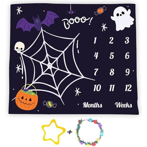 Halloween Theme Baby Monthly Milestone Blanket, 48x40in Soft Flannel, Ghost and Pumpkin Skull Background, Newborn Mom Gifts, Baby Shower Age Growth Tracker with Bonus Maker BTWYFS104