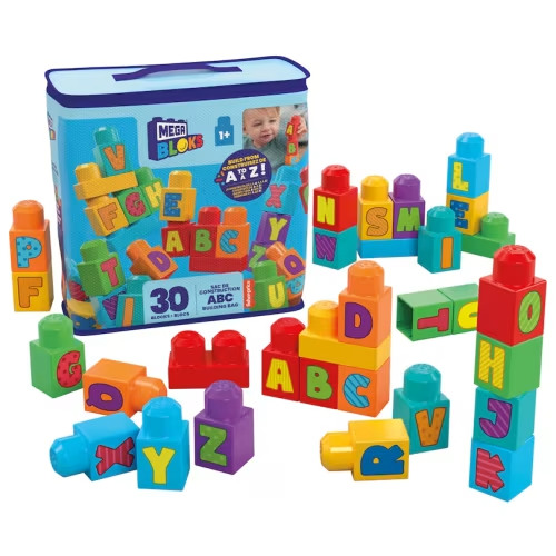 Mega Bloks Fisher-Price ABC Toddler Blocks Building Toy, ABC Building Bag with 30 Pieces and 1 Reusable Storage Bag