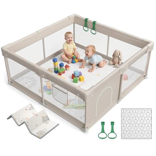 ZEEBABA Baby Playpen with Mat, Playpen for Babies and Toddlers, Small Baby Play Pens, Play Yard for Infants with Play Mat, 47x47inch Playard with Gate