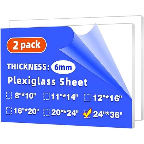 (2 Pack) 24" x 36" Plexiglass Sheets 1/4 inch Thick (6mm), Clear Acrylic Sheets Panel Cut to Size Plexiglass Acrylic Board, Cut with Engraver, Power Saw or Hand Tools, No Laser Cut.